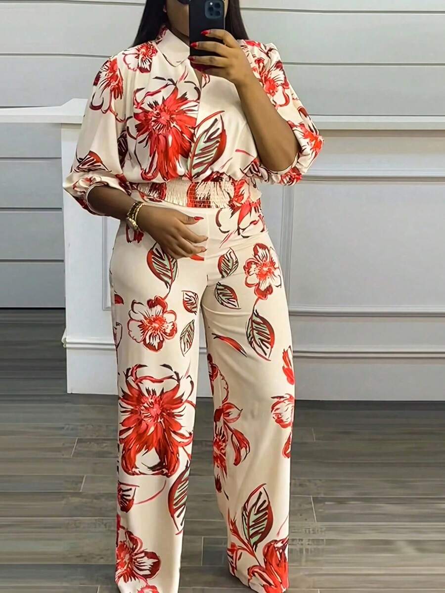 2pcs/Set Plus Size Women Random Print Top And Pants Set - Khaki - View 1