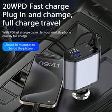 4-In-1 Fast Charging Car Charger Digital Display Voltage 120w Fast Charging With Type-C*2 Telescopic Charging Cable USB And Type-C Dual Output Port Car Charger Car Cigarette Lighter Charger