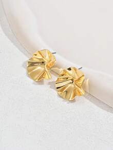 1 对女士不对称纹理金属荷叶边耳环，创意时尚耳钉，适合派对和礼物 - 金黃色 - 查看 2