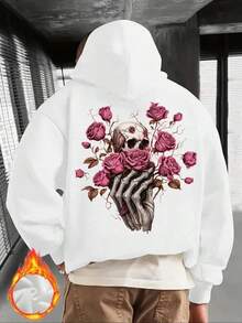 Men's Gothic Rose & Skull Print Hooded Sweatshirt - Black With Pink Roses & Bone Hands Design, Loose Fit Long Sleeve Casual Pullover, Warm Winter Hoodie For Men,Fall Hoodies,Men's Fall Clothes,Street Wear,Halloween,Mens Hoodies,Y2k Clothes,Jesus Hoodie,Thanksgiving Day,Nightmare Before Christmas,Christmas - 白色 - 查看 1