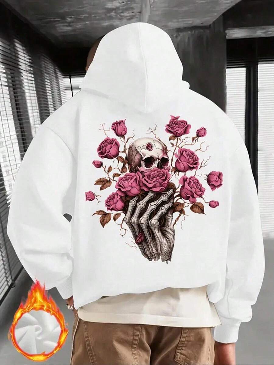 Men's Gothic Rose & Skull Print Hooded Sweatshirt - Black With Pink Roses & Bone Hands Design, Loose Fit Long Sleeve Casual Pullover, Warm Winter Hoodie For Men,Fall Hoodies,Men's Fall Clothes,Street Wear,Halloween,Mens Hoodies,Y2k Clothes,Jesus Hoodie,Thanksgiving Day,Nightmare Before Christmas,Christmas - 白色 - 查看 1
