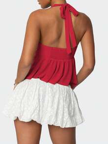 Women Sleeveless Halter Tops Summer Split Hem Tie Up Backless Sequin Embroidery Shirts For Streetwear - Red - View 3