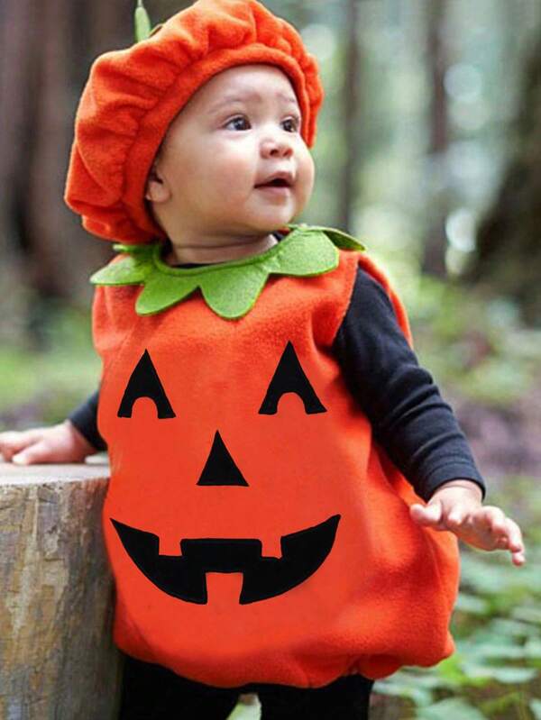 Toddler/Kids Halloween Sleeveless Funny Ghost Face Embroidered Pumpkin Top + Pumpkin Hat 2pcs Set