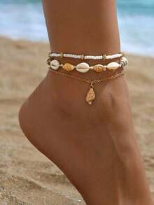 Bộ 3 chiếc vòng chân đính ngọc trai trắng, tua rua hình sao biển và vỏ sò, mạ vàng nhiều lớp, trang sức chân cho nữ, thích hợp đeo hàng ngày và đi nghỉ mát. - Nhiều màu 3 - Xem 8