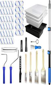 Paint Roller Extension Pole - 28PCS 3FT Telescoping Paint Roller Kit, Wall Painting Naps For Professionals With Brush Microfiber Roller Cover For House Wall