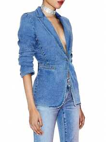 Áo khoác denim dài tay, màu trơn, cài một hàng cúc, kiểu dáng thường ngày dành cho nữ, mùa xuân. - Rửa trung bình - Xem 5