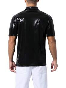 Mens Sequin Top 70s Outfit Disco Rave Party Collared T-Shirt Short Sleeve Breathable Metallic Shirthalloween - Hitam - View 8