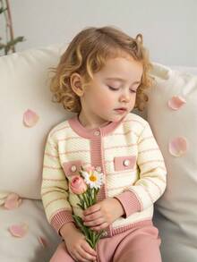 2pcs Baby Girls Casual Cute Wavy Striped Design Pink Long Sleeve Knitted Cardigan And Matching Knitted Pants Set, Comfortable And Warm, Suitable For Daily Wear, Outings, Travel, Vacation, Home, Daycare, School, Spring/Autumn/Winter - Apricot - View 6