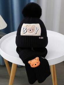 2pcs Teddy Bear Knit Hat & Scarf Set, Thick Warm Knitted Beanie, Suitable For Outdoor Use In Winter, Holiday Outfit, Comfortable Winter Holiday, Washable, Warm Fabric, Winter Accessory, Holiday Outfit Autumn Decor