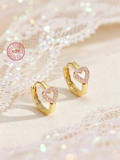 1 Pair 925 Sterling Silver Low Allergy Heart Earrings, Inlaid With Pink Zirconia, Hollow Design, Dreamy And Dazzling, Gift Box Packaging, Suitable For Daily Or Holiday Wear, Gift For Girls, Friends, Back To School, Christmas