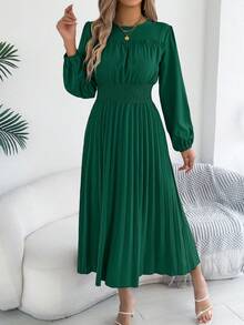 Spring Autumn Eleagant Ruffle Long Sleeve Pleated Maxi Dresses For Women Blue Green Khaki - 墨綠色 - 查看 5