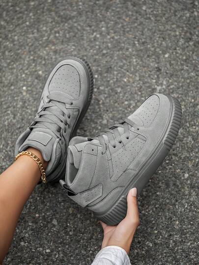 女式复古灰色系带高帮平底滑板鞋，简约舒适户外多功能徒步校园男女通用运动鞋