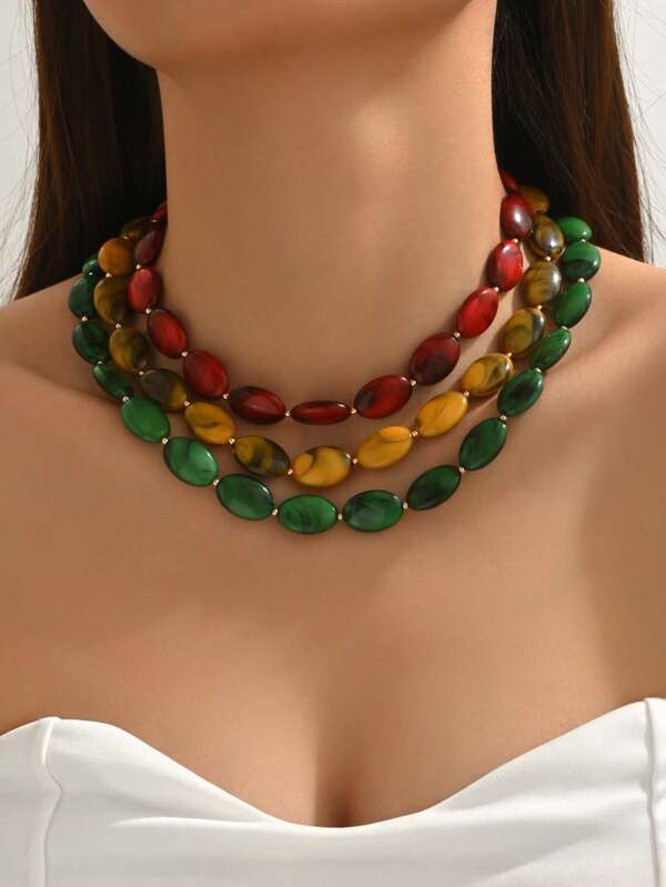1pc Fashionable & Elegant Bohemian Style Resin Beaded Necklace, Multi-Layer Wearable, Red/Yellow/Green Watercolor Pattern, Suitable For Daily Wear, Halloween, Valentine's Day, Party, Vacation. Resin Floral Pattern Color Is Random, Slight Variation Is Normal.