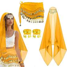 Belly Dance Set Belly Dance Chiffon Hip Scarf, Bandana Wrist Bracelet Dance Accessories With Gold Coins - Multicolor - View 9