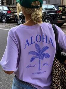 2026 Summer Shirts Women's New Palm Tree Slogan Print Casual Round Neck Short Sleeve T-Shirt, Fashionable Resort Style, Your Daily Essential Item. Gr - 紫色 2 - 查看 6
