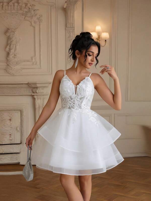 YUMIBRAVO Abito da sposa stile balletto con applicazioni romantiche, abito bianco da donna con spalline sottili per matrimonio e festa, abiti eleganti da donna, abito da ballo con applicazioni in pizzo e paillettes, abito con gonna a doppio strato per feste e rientro a scuola