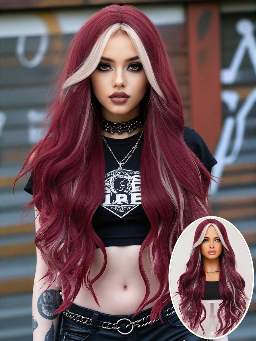 clouder Red Highlight Blonde Extra Long Curly Wig 30 Inch Cosplay Wig Halloween Christmas Wig Elegant Soft Matte Hair Loose Curls Casual Outing Street Punk Wig Rock Wig Fluffy Natural Cool Girl Synthetic Heat-Resistant Fiber Wig Suitable For Women Daily Party Wig Music Festival Wig Avant-Garde College Style Wig Modern Fashion Gothic Wig - 挑染金色 - 查看 1