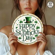 1 pièce Panneau rond vintage - Texte "Heureux" avec motif de trèfle vert - Décoration de fête réutilisable pour la maison, le bar, le café, le dortoir - Décoration de pub irlandaise - Cadeau de fête idéal - Décoration imprimée plate, 2D plate, convient pour la décoration de la pièce