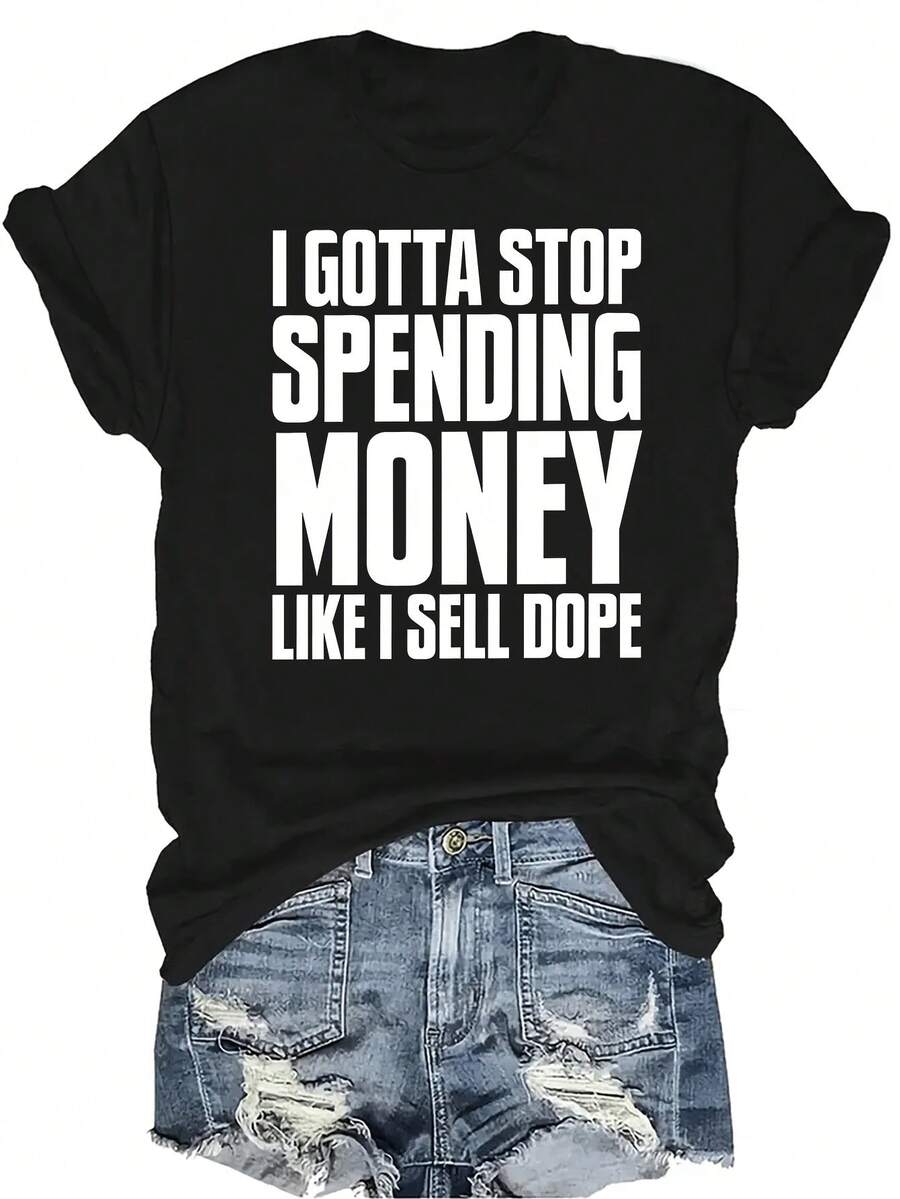 [Camiseta de moda casual] Camiseta suave y cómoda para mujer - Deja de gastar dinero sabiamente Parte superior de manga corta y cuello redondo casual, regalo perfecto para la abuela y la mamá, uso casual de primavera y verano - Negro - Ver 1