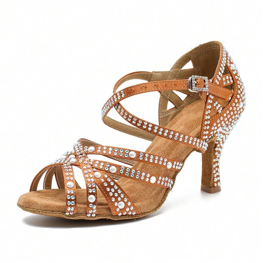Bronze Colored Satin Latin Dance Shoes For Women Ballroom Tango Salsa Dance Shoes Indoor Party Sandals Soft Sole Rhinestone Premium Pearls Wedding Shoes 7.5CM Heels