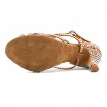 Bronze Colored Satin Latin Dance Shoes For Women Ballroom Tango Salsa Dance Shoes Indoor Party Sandals Soft Sole Rhinestone Premium Pearls Wedding Shoes 7.5CM Heels