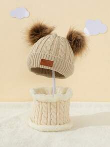 2pcs/Set 1-5Y Double Ball Letter Knit Hat + Plush Scarf 2 Pieces Set, Warm Autumn/Winter Outdoor Knit Hat Set - 2pcs - View 15