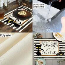 4 piezas Manteles individuales de lino con estampado de fantasma a rayas y gatito para Halloween - Manteles rectangulares de lino tejido para decoración de comedor, cocina, mesa de café y mesa de comedor - Multicolor - Ver 10