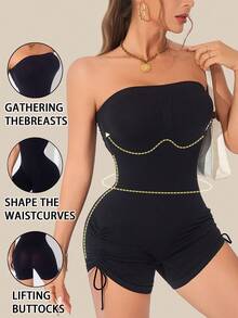 1pc Strapless Drawstring Hem Backless Bodysuit Shorts