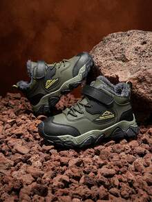 1 Pair Children's High-Top Warm Sports Shoes, Thermal-Lined Thick Warm Non-Slip Mid-Top Hiking Boots, Suitable For Children And Teenagers Outdoor Wear In Winter, Fashionable And Stylish For Boys - Green - View 8