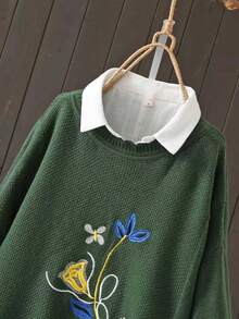 pull tricoté à col ras-du-cou à manches longues avec broderie florale, grande taille, décontracté pour l'automne/l'hiver - Vert sapin - Voir 3