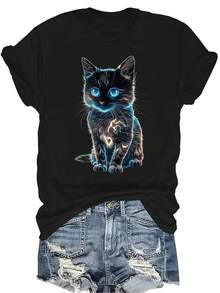 [Camiseta de Moda Casual] Camiseta de Mujer Suave y Cómoda - Camiseta de Manga Corta de Cuello Redondo con Diseño de Gato Neón Brillante, Regalo Perfecto para Abuela y Mamá, Uso Casual de Primavera y Verano - Negro - Ver 1