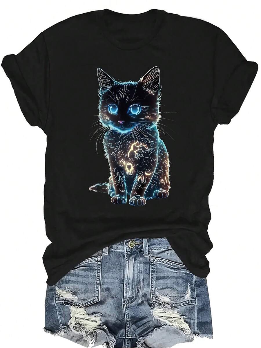 [Camiseta de Moda Casual] Camiseta de Mujer Suave y Cómoda - Camiseta de Manga Corta de Cuello Redondo con Diseño de Gato Neón Brillante, Regalo Perfecto para Abuela y Mamá, Uso Casual de Primavera y Verano - Negro - Ver 1