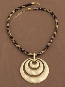 1pc 2025 New Luxury Vintage Leopard Print Rope Necklace, Matte Gold Hammered Floral Pendant Necklace, Suitable For Women's Daily Wear, 18 Inches + 2 Inches Extension Chain - Circles - View 3