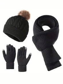 3pcs Winter 2025 New Women Thick Knitted Beanie Hat, Scarf & Gloves Set, Outdoor Cycling Warm 3 Pieces Suit, Unisex Solid Color Winter Warm Valentines Gift - Multicolor - View 2