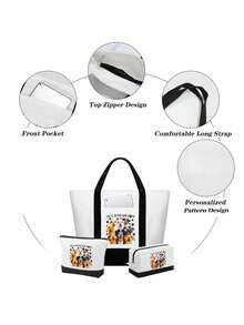 حقيبة تسوق نسائية بتباين الأبيض والأسود مع جيب، طباعة 8 كلاب ضاحكة، الحياة أفضل مع الكلاب، بسحاب، حقيبة بألوان متباينة، حقيبة صغيرة بألوان متباينة، حقيبة تسوق محمولة باليد، حقيبة تسوق أبيض وأسود، حقيبة تسوق بألوان متباينة، تخزين طعام الكلاب، حقيبة تسوق للتنقل، حقيبة تسوق سعة كبيرة