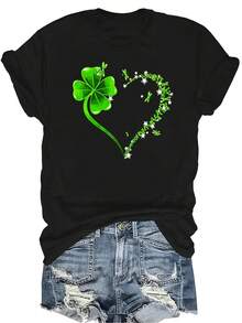 [Camiseta de Moda Casual] Camiseta de Mujer Suave y Cómoda - Diseño de Trébol de la Suerte en Forma de Corazón, Manga Corta Cuello Redondo, Casual Perfecta como Regalo para Abuela y Mamá, Uso Casual en Primavera y Verano - Negro - Ver 1