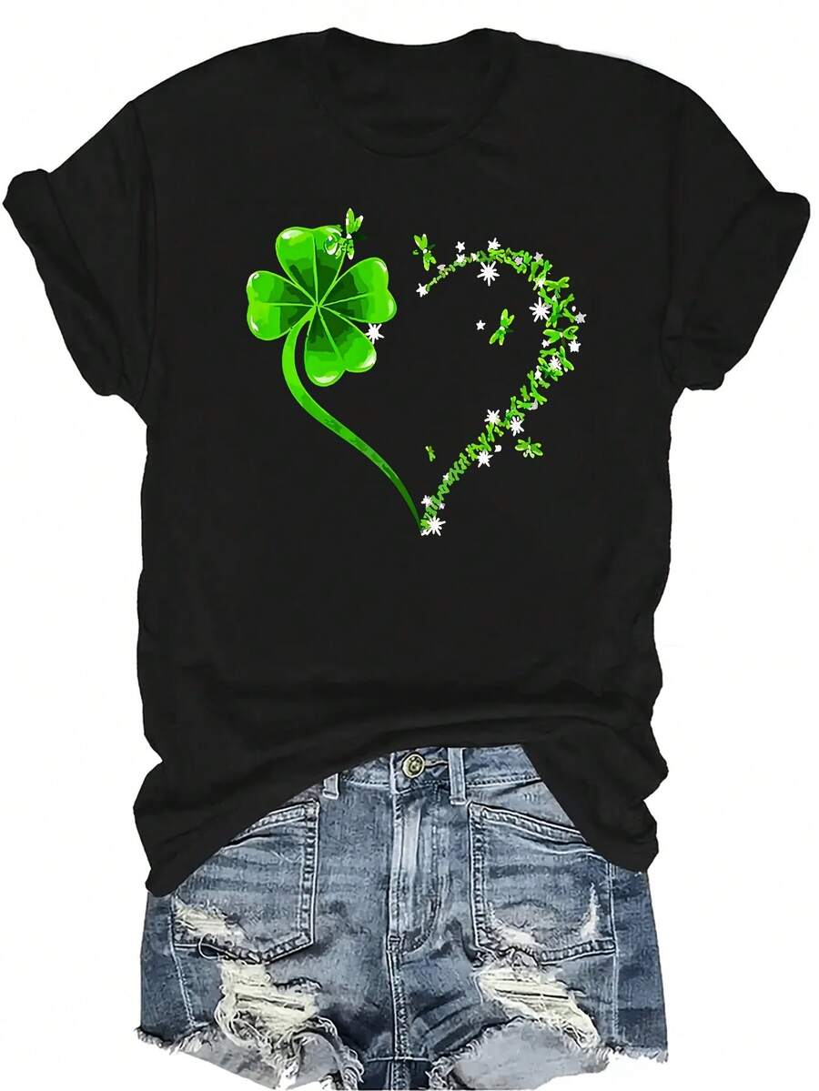 [Camiseta de Moda Casual] Camiseta de Mujer Suave y Cómoda - Diseño de Trébol de la Suerte en Forma de Corazón, Manga Corta Cuello Redondo, Casual Perfecta como Regalo para Abuela y Mamá, Uso Casual en Primavera y Verano - Negro - Ver 1