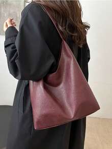 Bolso de hombro de mujer de gran capacidad y unicolor vintage, bolso cruzado multifuncional, bolso de hombro de mujer, bolso cruzado de gran capacidad, bolso de trabajo casual - Burdeos - Ver 8