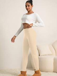 女士高腰保暖紧身裤，加厚保暖紧身裤，适合冬季运动，柔软瑜伽裤，女装 - 杏色 - 查看 7