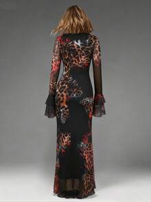 Women's Ruffle Front Pleated Sleeve Leopard Rose Print Fitted Sexy Maxi Dress - Black - View 6