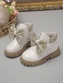 1 Pair Children's Fashion New Smooth PU Material Design Easy To Wear, Bow Decor, Non-Slip Soft Durable Outsole Chelsea Boots, Suitable For Girls To Wear To School, Outdoor, Home, Spring, Summer, Autumn