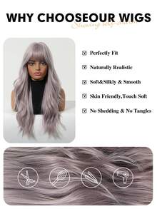 24 Inch Long Wavy Wig With Bangs, Dark Color Ombre Red Synthetic Hair Wig For Women, Heat Resistant Cosplay Wig Suitable For Daily Wear, Party, Costume, Gift For Girlfriend, Music Festival - 淡紫色 - 查看 7