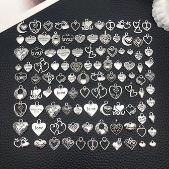 50pcs Assorted Vintage Silver Hollow Heart Pendant Charms For DIY Women Bracelet Necklace Earring Jewelry Making Accessories