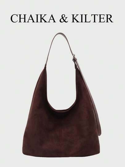 CHAIKA & KILTER Bolso de hombro de 2 piezas de unicolor de tela de ante, bolso hobo de moda retro para mujer, bolso de hombro en forma de media luna, asa superior, cierre con cremallera, correa de hombro ajustable para uso diario y al aire libre