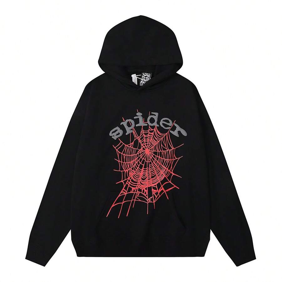 Casual Hooded Long Sleeve Sweatshirt For Women With Spider Web Print And Drawstring Pocket Details - 黑紅色衛衣 - 查看 1