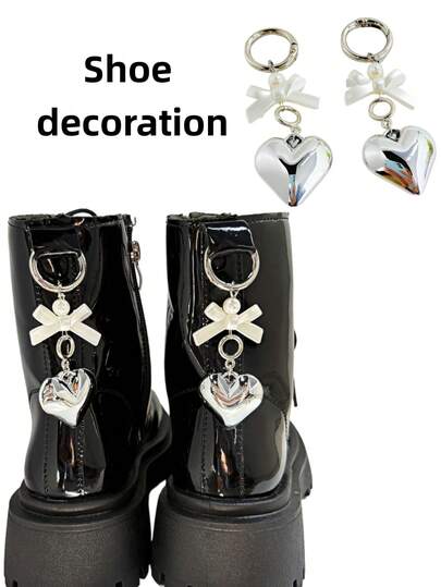 2pcs White Bow & Silver Heart Shoe Charms, Suitable For Men/Women Boots, Flats, Sneakers, Bags, Phone Cases, Clothing DIY Decoration, Accessories - Best For Holiday, Birthday, Party Gifts