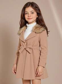 SHEIN Elladie kids 少女毛绒装饰连帽系带大衣（不含毛衣） - 駝色 - 查看 2