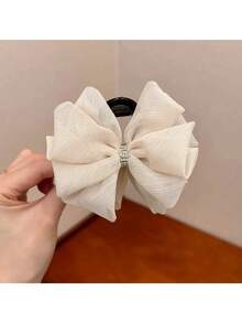 1pc Beige Lace Mesh Bow Hair Claw Clip, Large Shark Claw Clip For Updo Hairstyles Winter Hair Accessories Elegant Hair Clutch