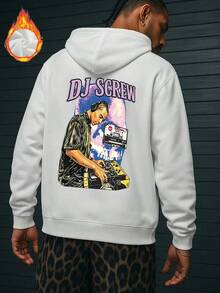 Men's DJ-Themed Oversized Hooded Sweatshirt With DJ Screw & Turntable Graphic Print, Fleece Pullover For Music Producers & DJs, Casual Winter Warmth, Long Sleeve Lettering Design,Fall Hoodies,Men's Fall Clothes,Street Wear,Halloween,Mens Hoodies,Y2k Clothes,Jesus Hoodie,Thanksgiving Day,Nightmare Before Christmas,Christmas - White - View 1