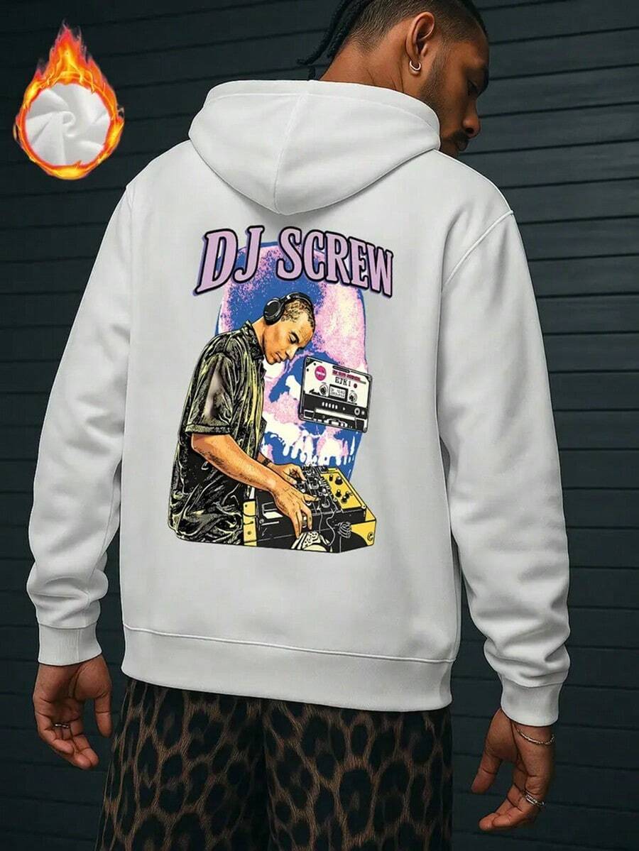 Men's DJ-Themed Oversized Hooded Sweatshirt With DJ Screw & Turntable Graphic Print, Fleece Pullover For Music Producers & DJs, Casual Winter Warmth, Long Sleeve Lettering Design,Fall Hoodies,Men's Fall Clothes,Street Wear,Halloween,Mens Hoodies,Y2k Clothes,Jesus Hoodie,Thanksgiving Day,Nightmare Before Christmas,Christmas - White - View 1
